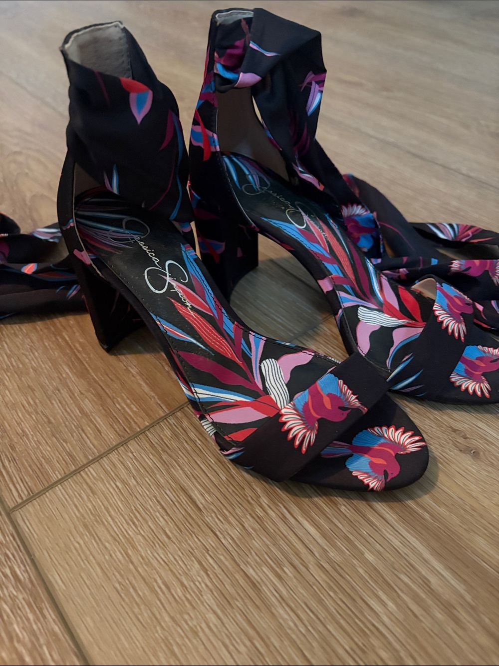 Jessica Simpson Black Floral Tie-Wrap Block Heel Sandals